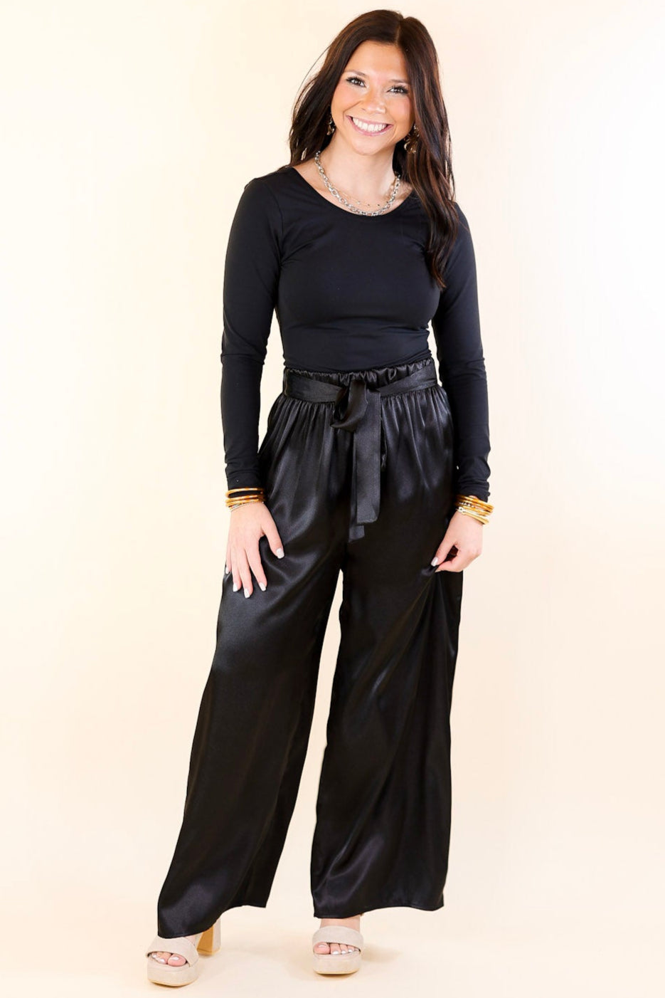 Dare To Dazzle Wide Leg Satin Pants with Waist Tie in Black