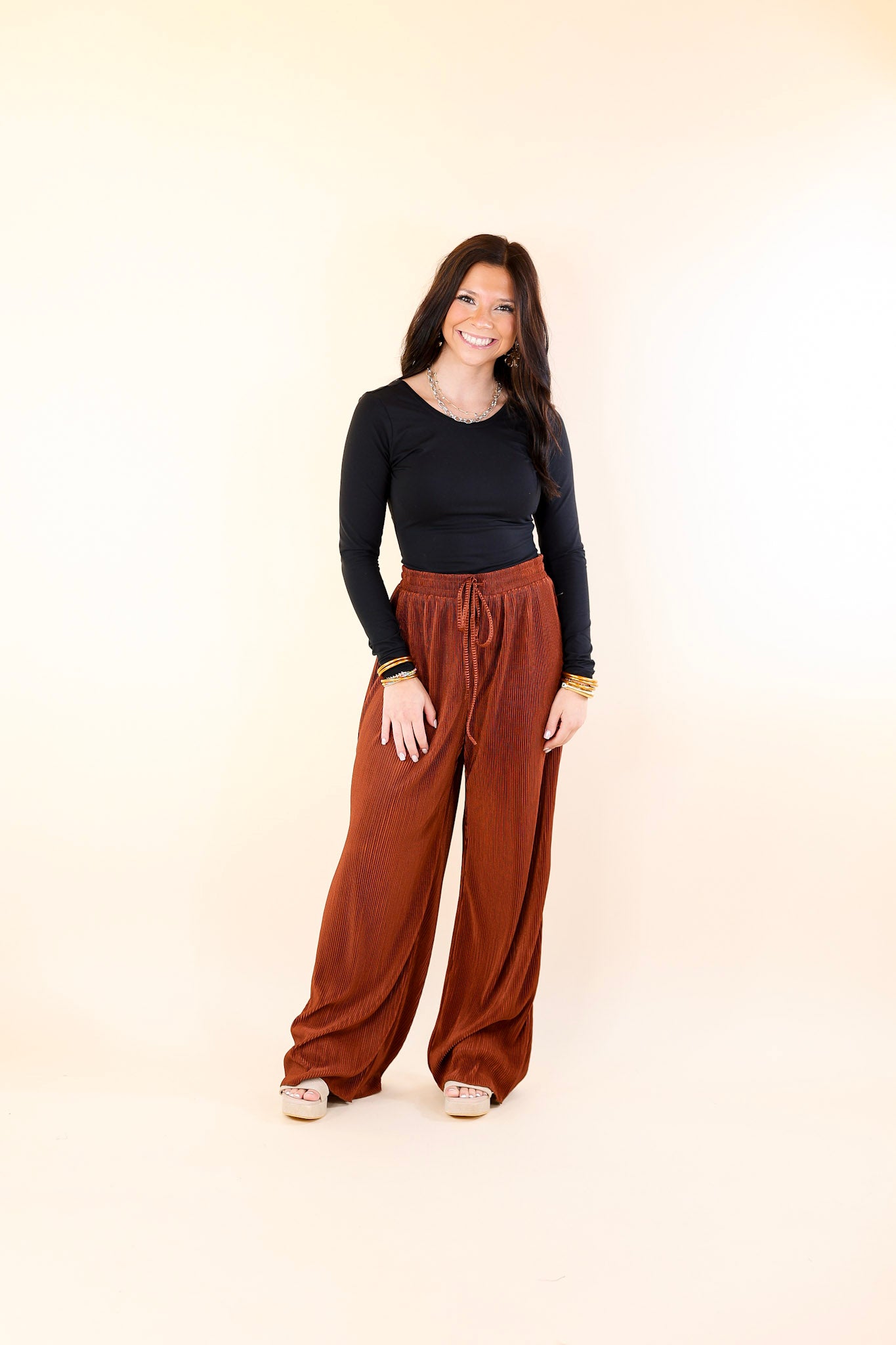 What You Admire Plissé Drawstring Pants in Rust Brown