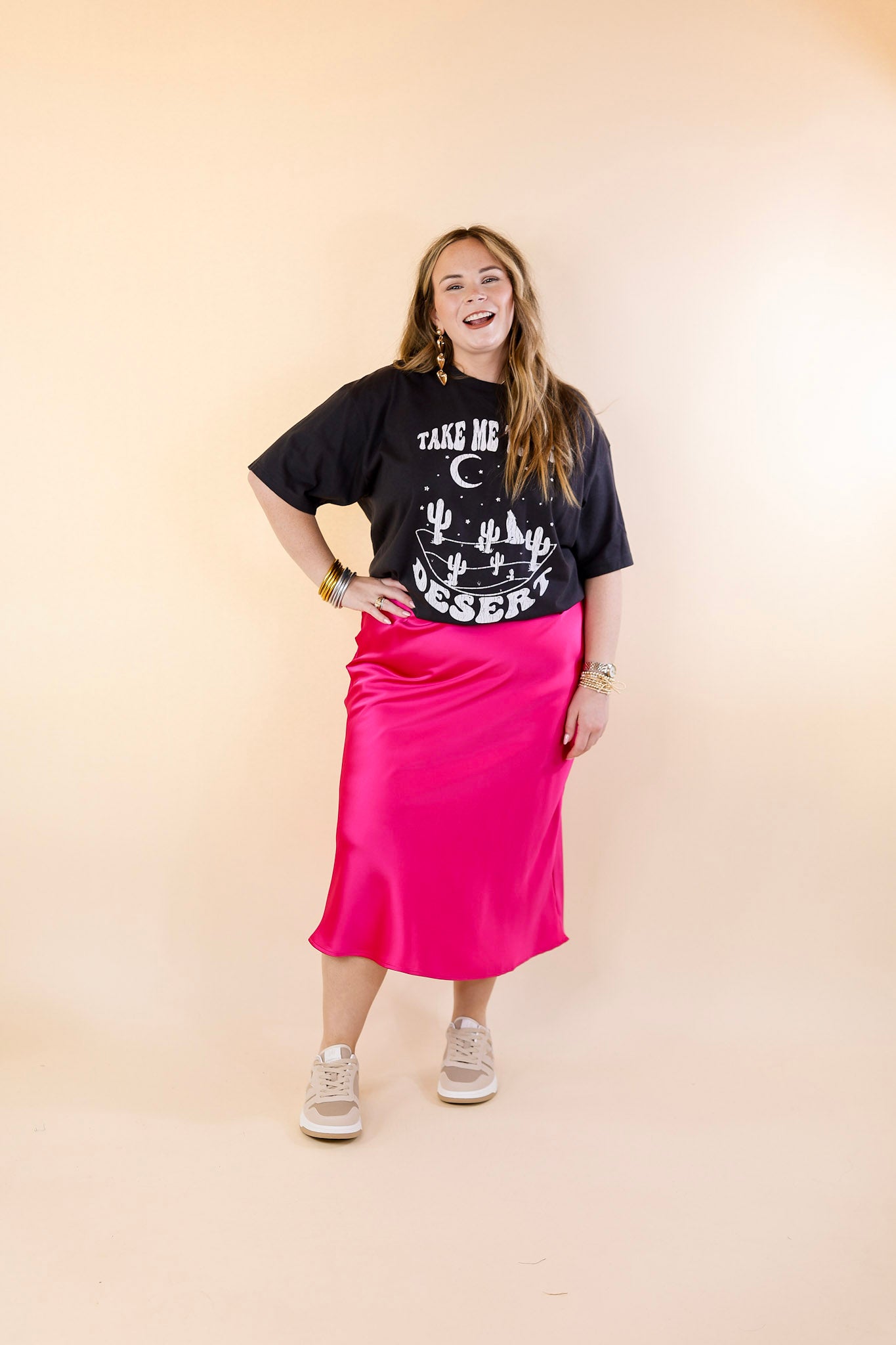 Bubbly And Blissful Satin Midi Skirt in Fuchsia Pink