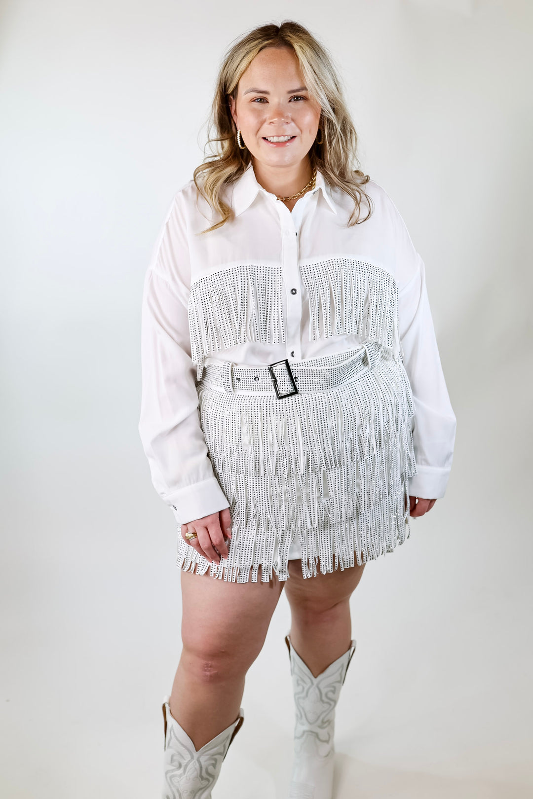 All That Shimmers Crystal Fringe Button Up Top with Long Sleeves in White - Giddy Up Glamour Boutique