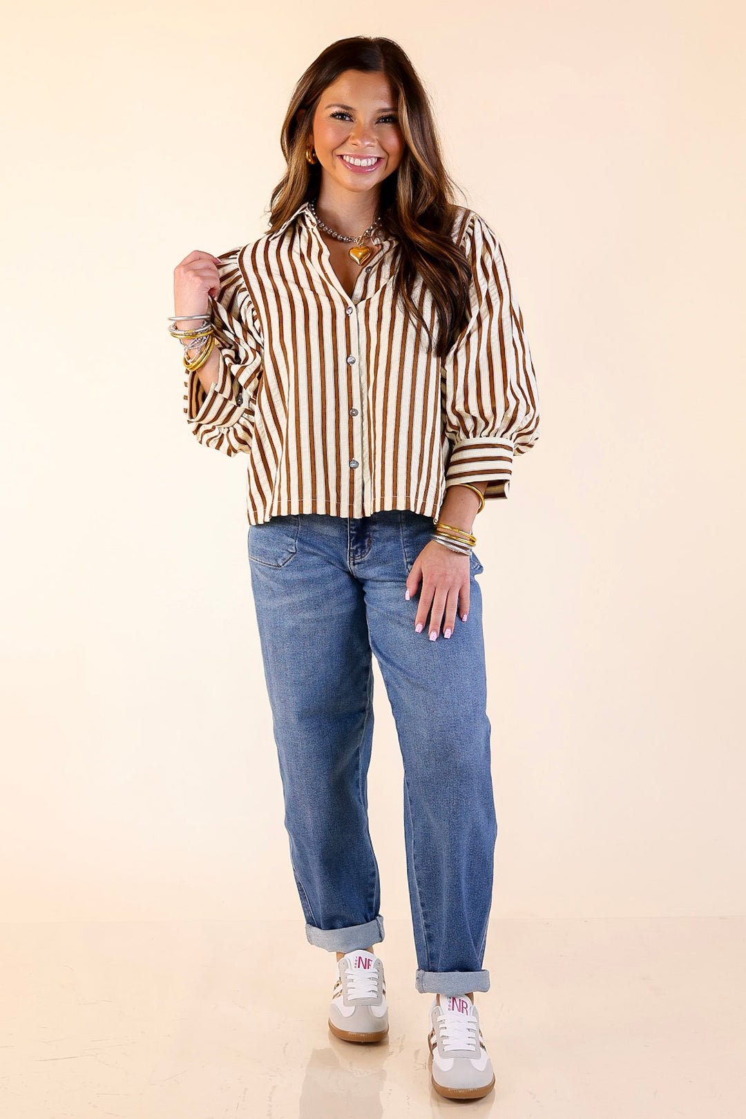 The Bold Type Striped Long Sleeve Button-Up Top in White with Chocolate Brown Stripes