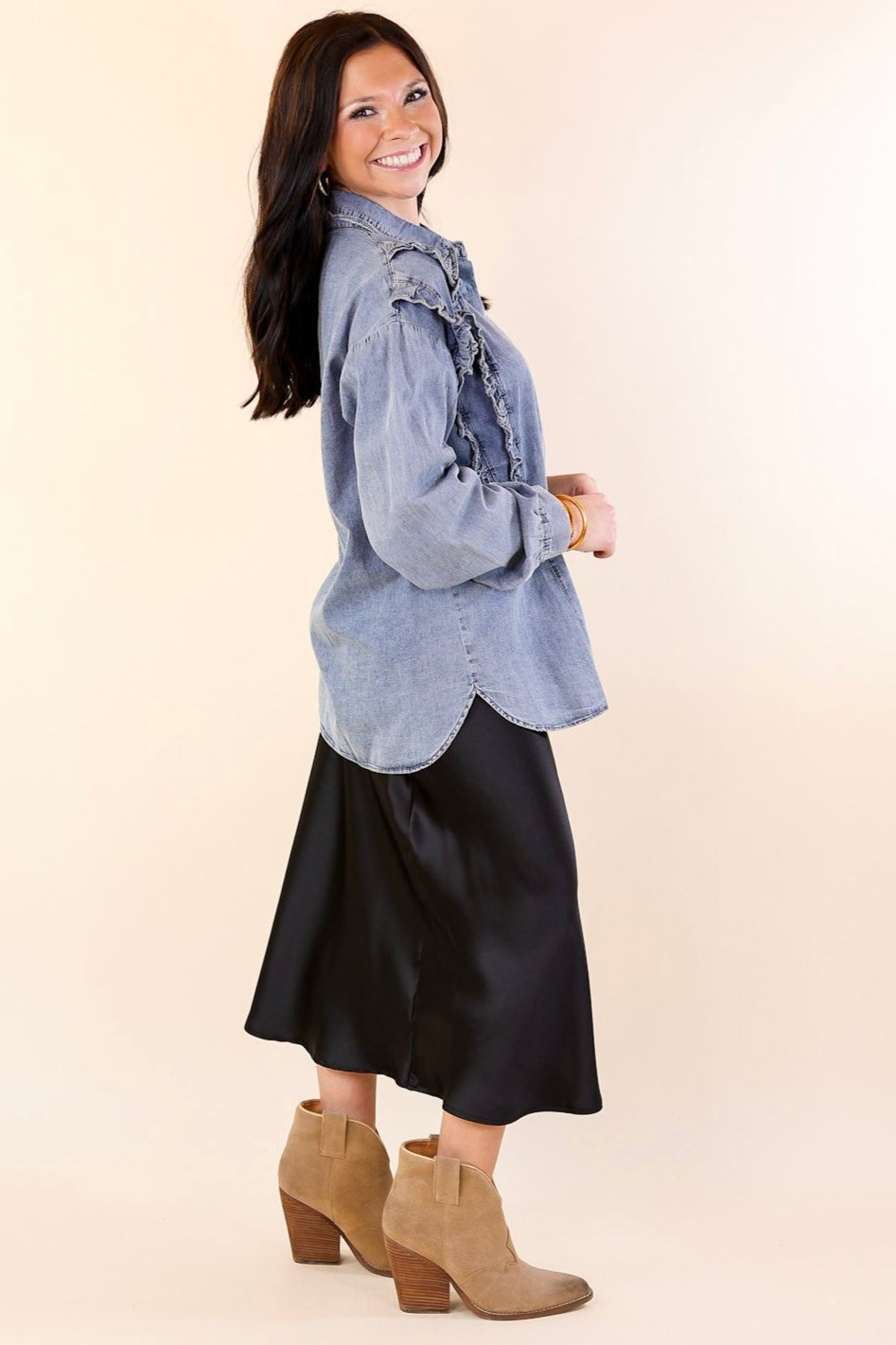 Attention To Detail Button Up Collared Denim Top with Ruffle Detail