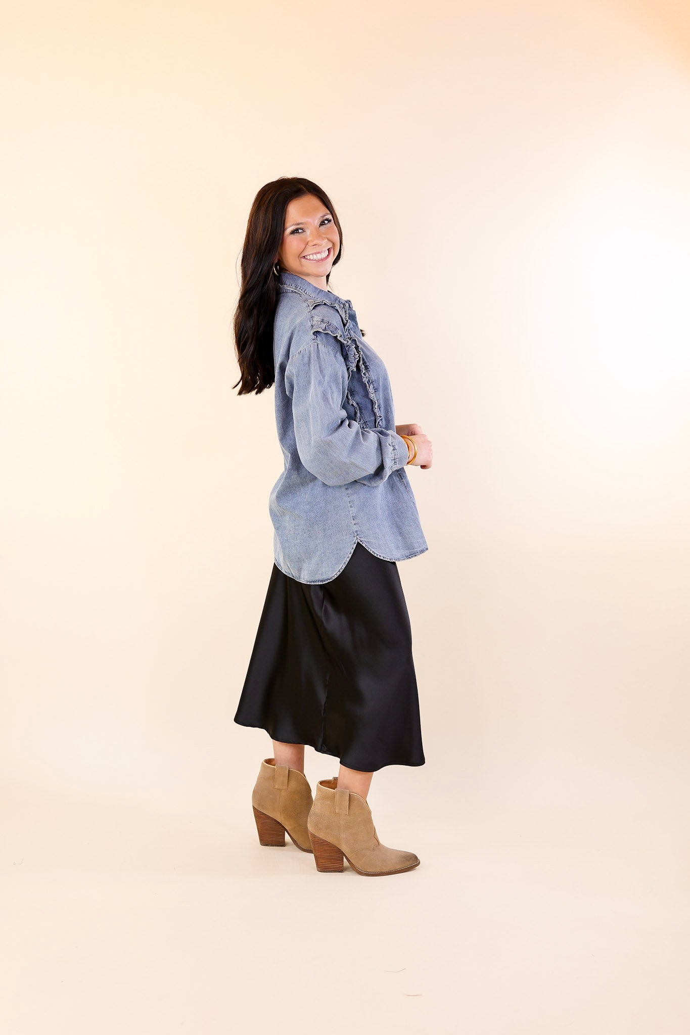 Attention To Detail Button Up Collared Denim Top with Ruffle Detail