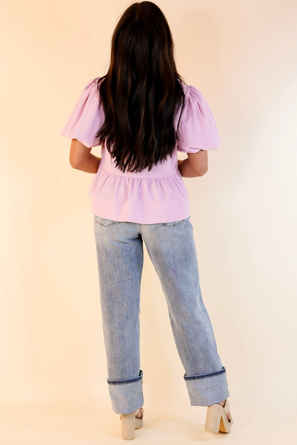 Simply Stunning Short Puff Sleeve Top with Bow Tie Detailing in Baby Pink