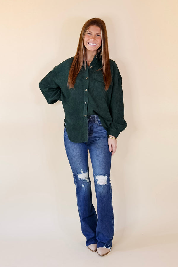 All Dolled Up Button Up Corduroy Shacket in Forest Green