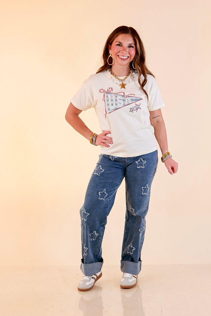 Simply Southern | American It Girl Short Sleeve Graphic Tee with USA Pennant Applique in Beige