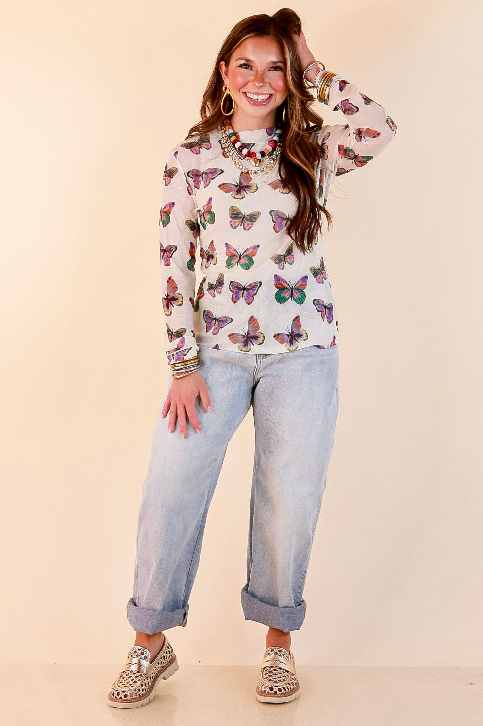The Perfect Layer Butterfly Print Sheer Mesh Long Sleeve Top in Cream and Gemstone Colors