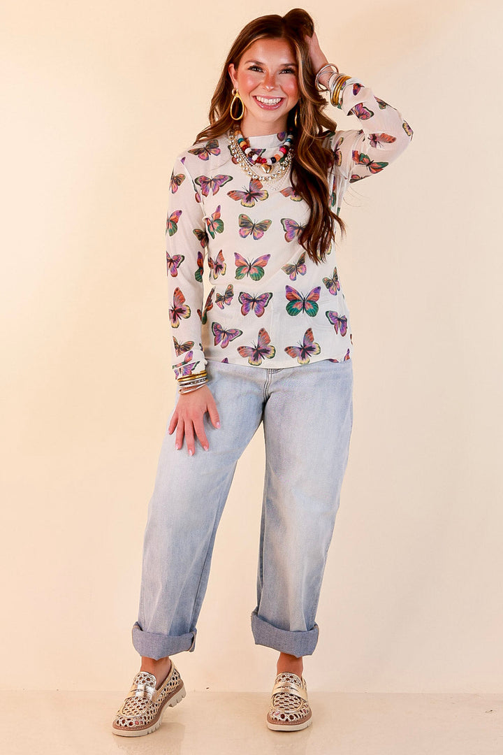 The Perfect Layer Butterfly Print Sheer Mesh Long Sleeve Top in Cream and Gemstone Colors