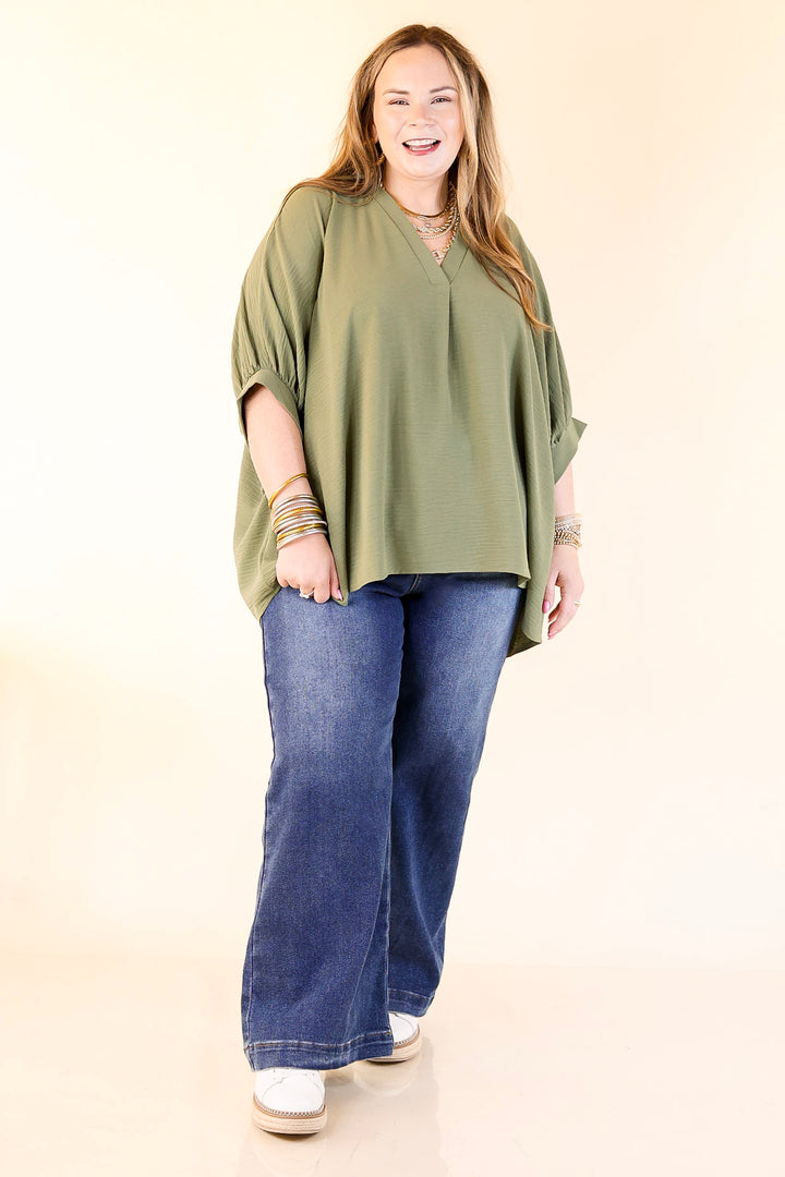 Elevated Basics V Neck Top with Half Sleeves in Olive Green