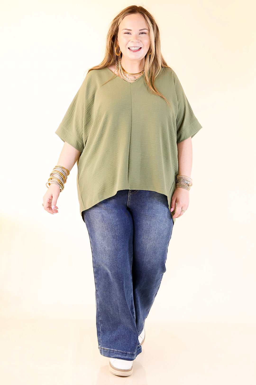 Classically Chic Short Sleeve V Neck Top in Olive Green