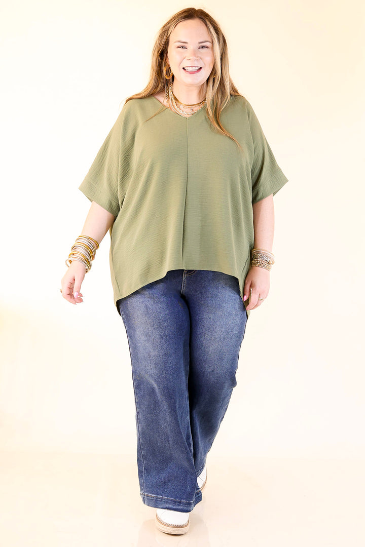 Classically Chic Short Sleeve V Neck Top in Olive Green