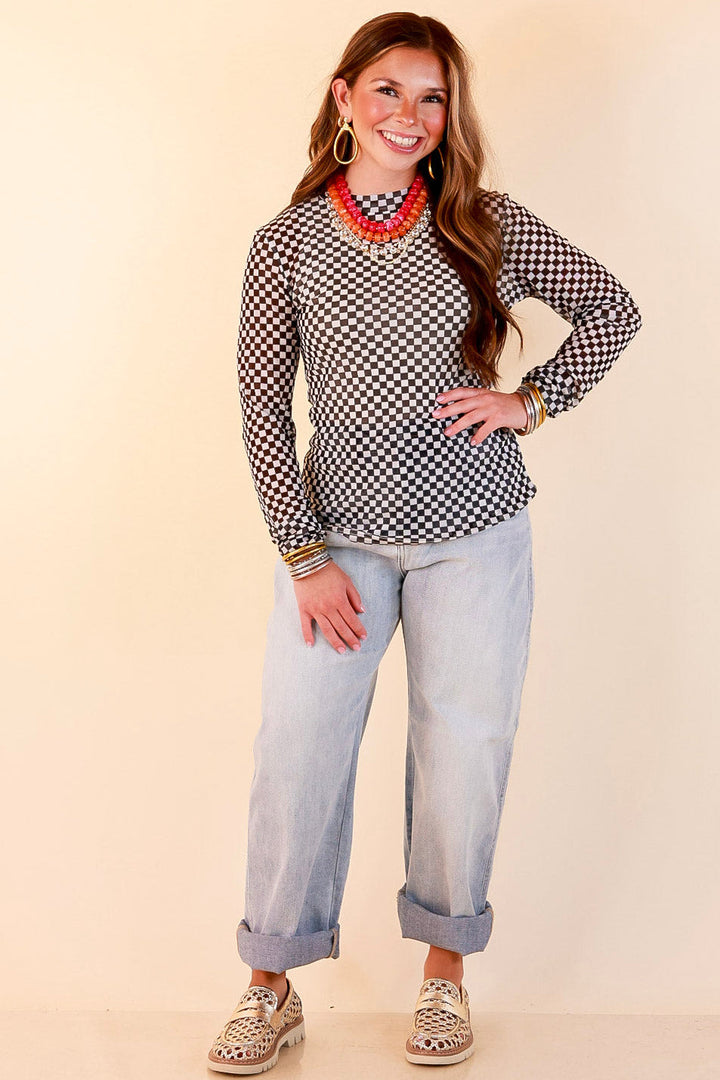 The Perfect Layer Checkered Print Sheer Mesh Long Sleeve Top in Black and White