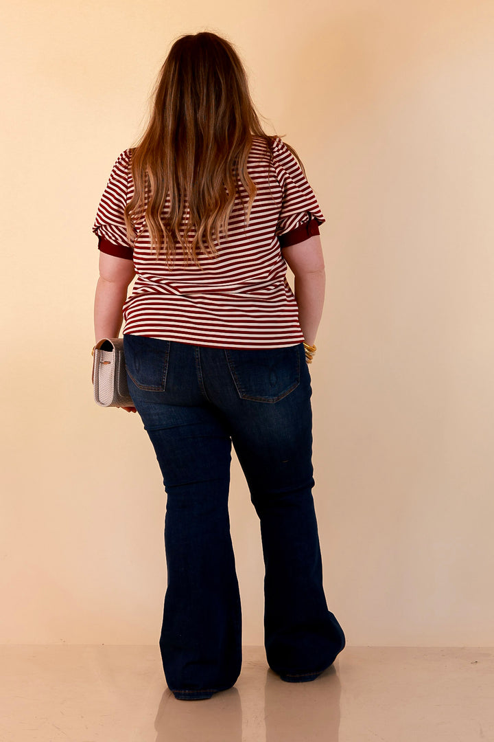 Confidently Yours Short Sleeve Contrast Trim Striped Top in Maroon and Cream