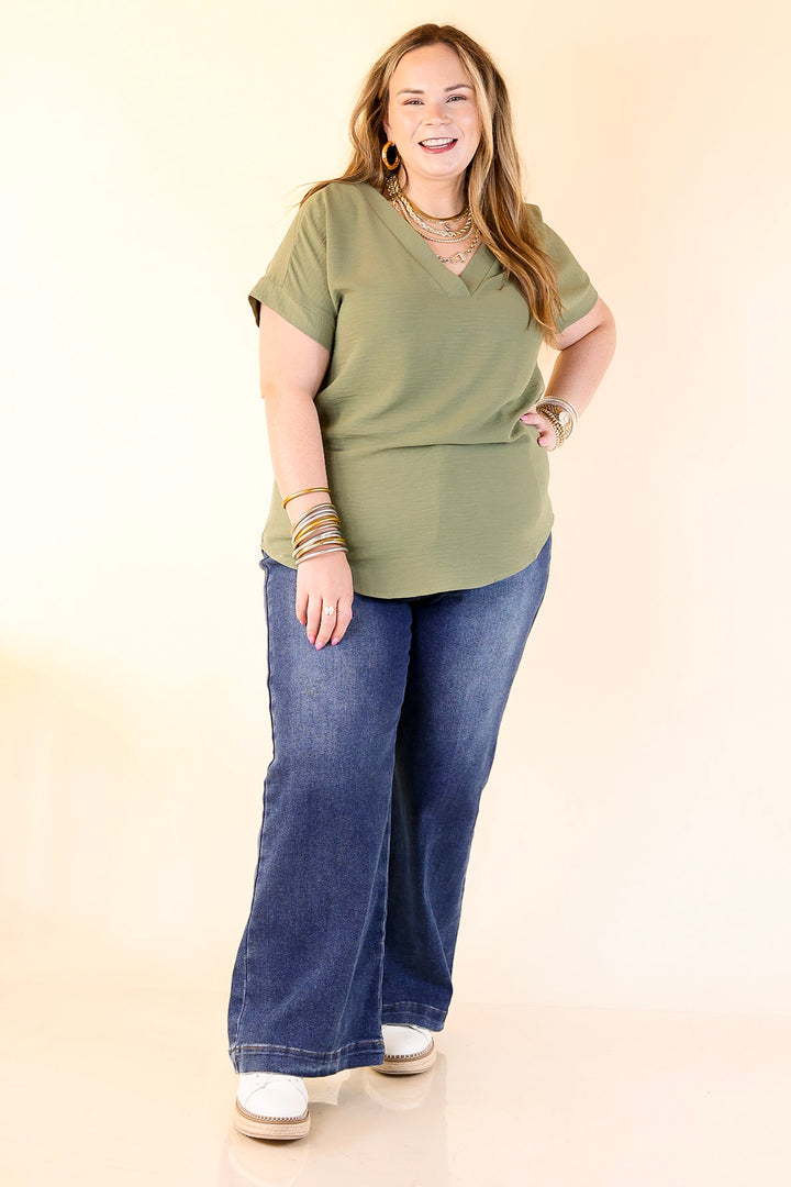 Cause To Celebrate V Neck Short Sleeve Top in Olive Green