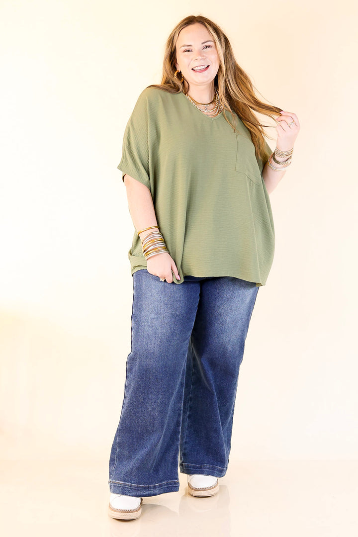 Try To Resist Short Sleeve V Neck Top with Front Pocket in Olive Green