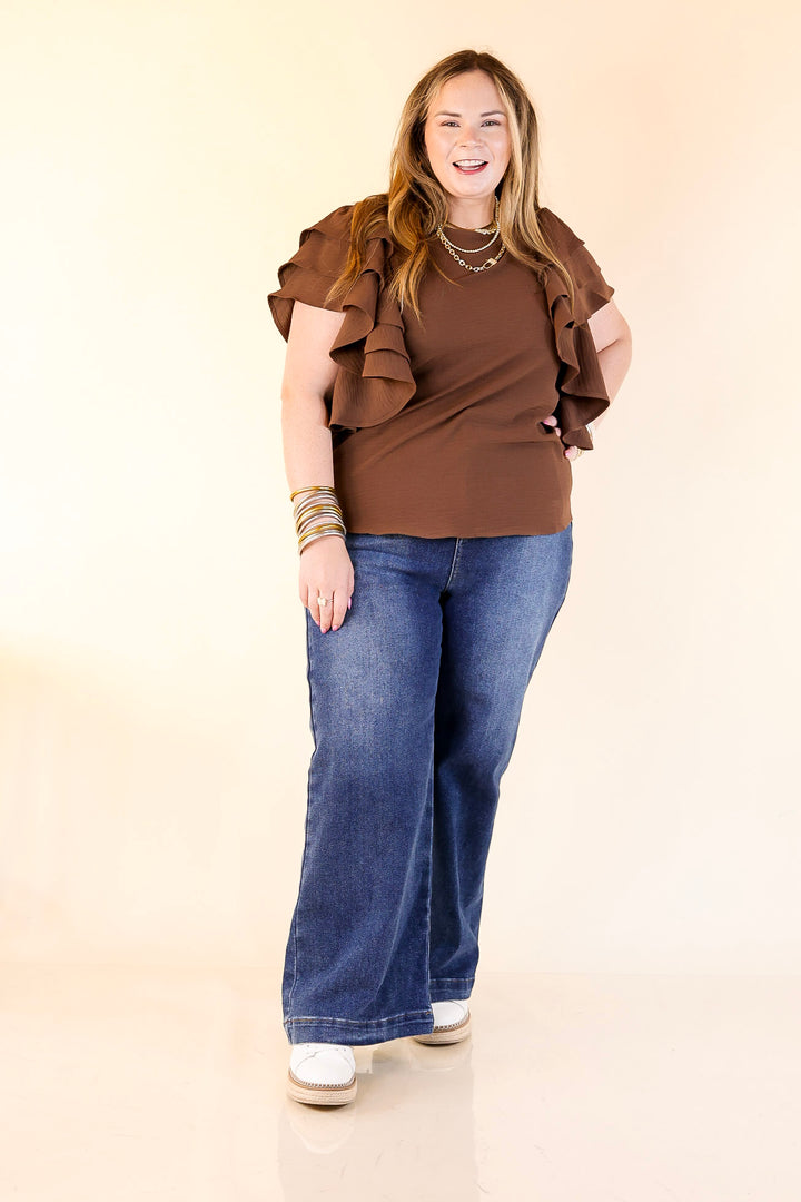 Turning Heads Multi-Tiered Ruffle Cap Sleeve Top in Chocolate Brown