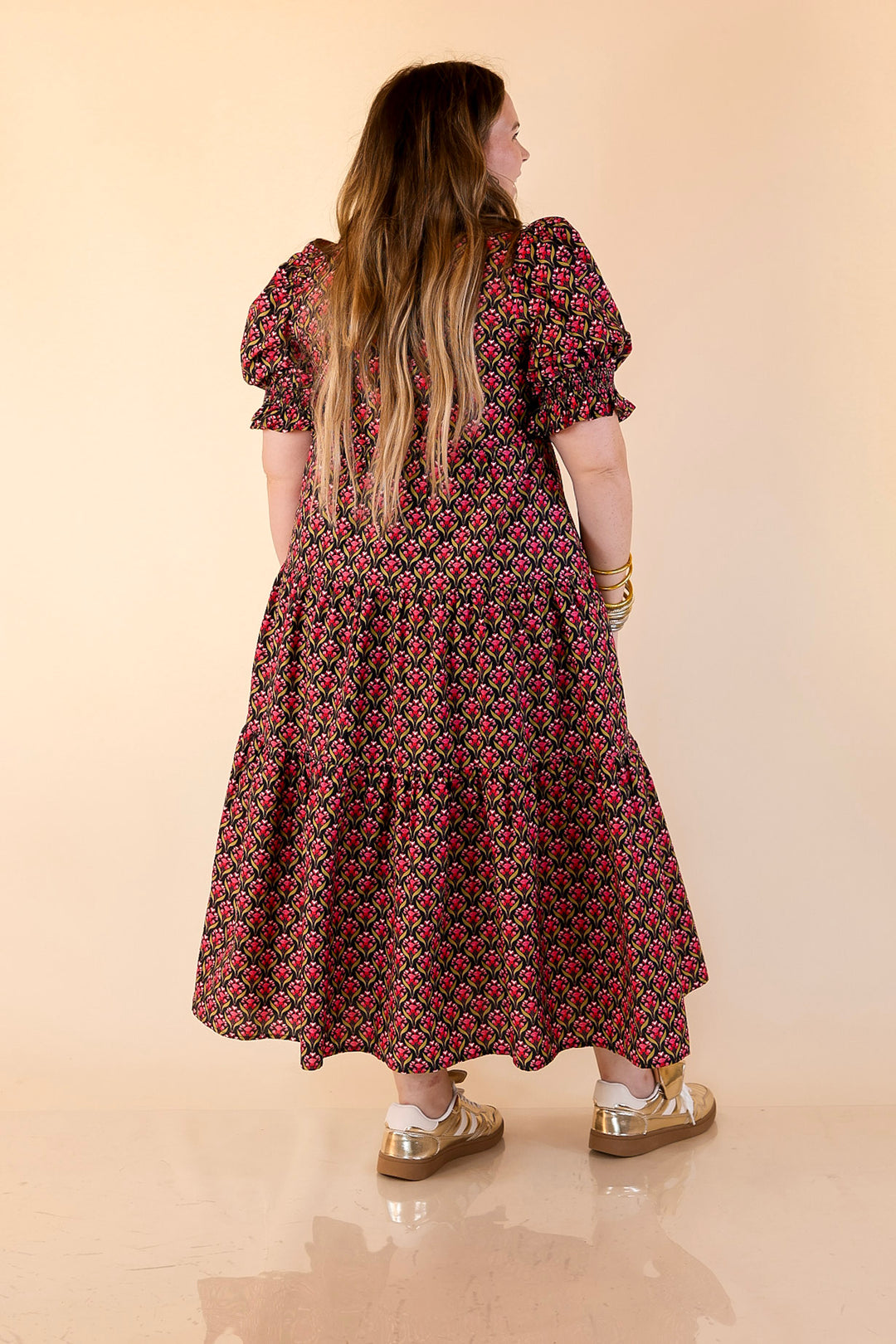 Vibrant Vision Floral Print Maxi Dress with Puff Sleeves and Contrast Trim in Black