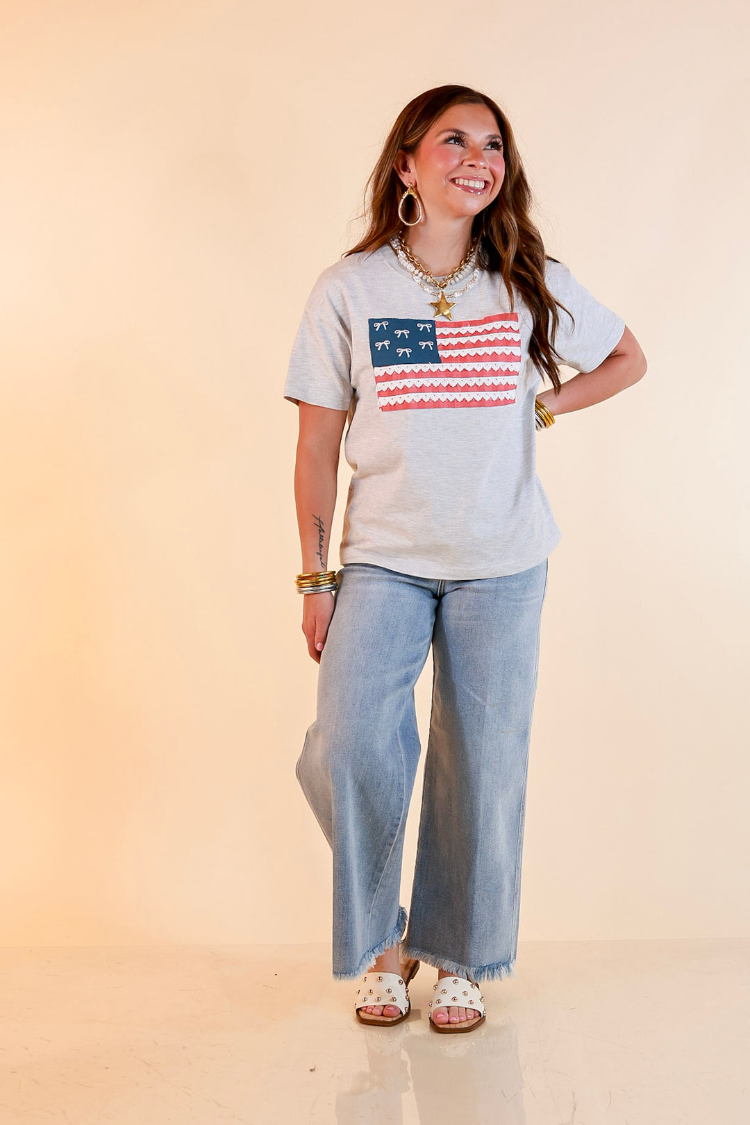 Simply Southern | American It Girl Short Sleeve Graphic Tee with Lace Flag Applique in Heather Grey