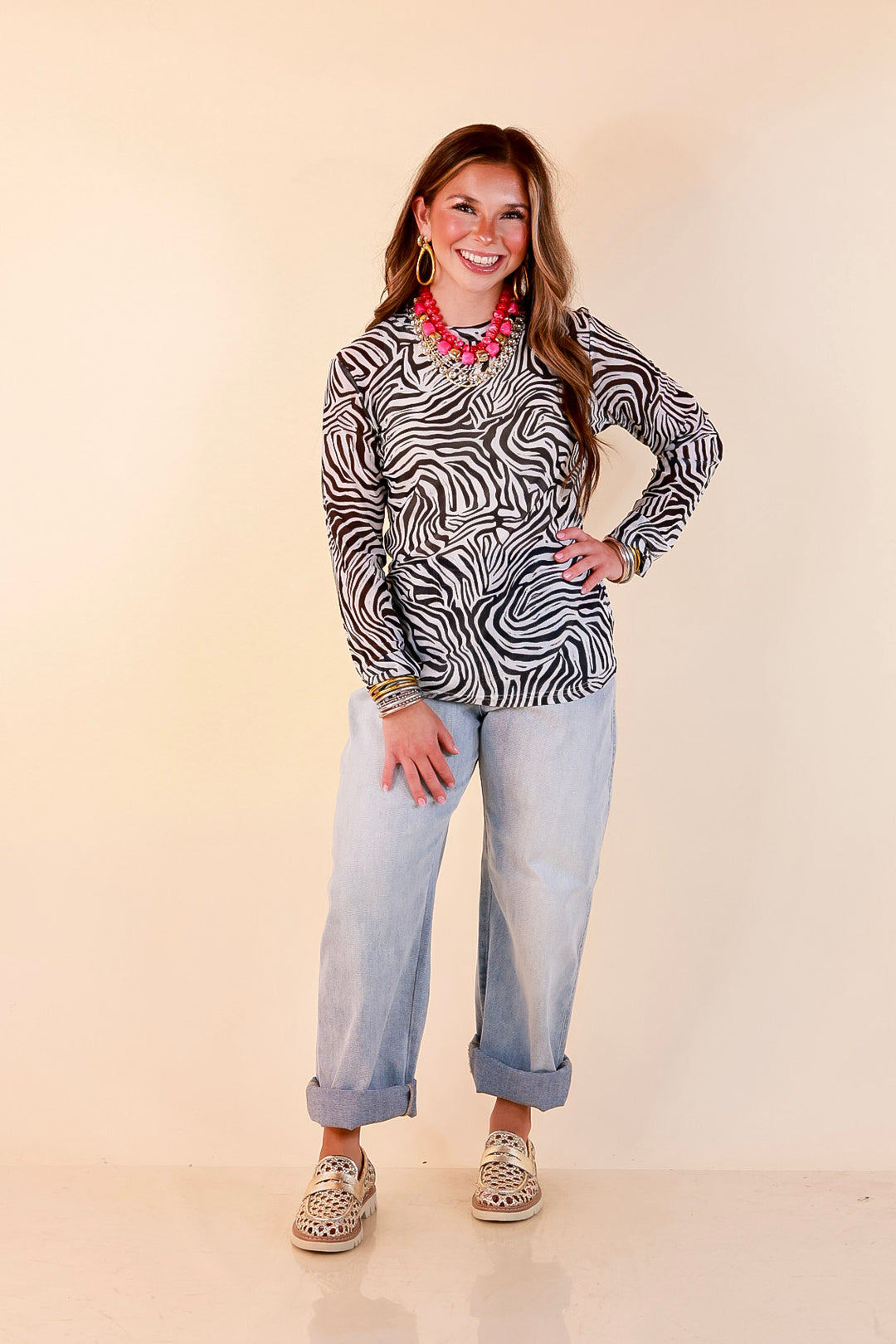 The Perfect Layer Zebra Print Sheer Mesh Long Sleeve Top in Black and White