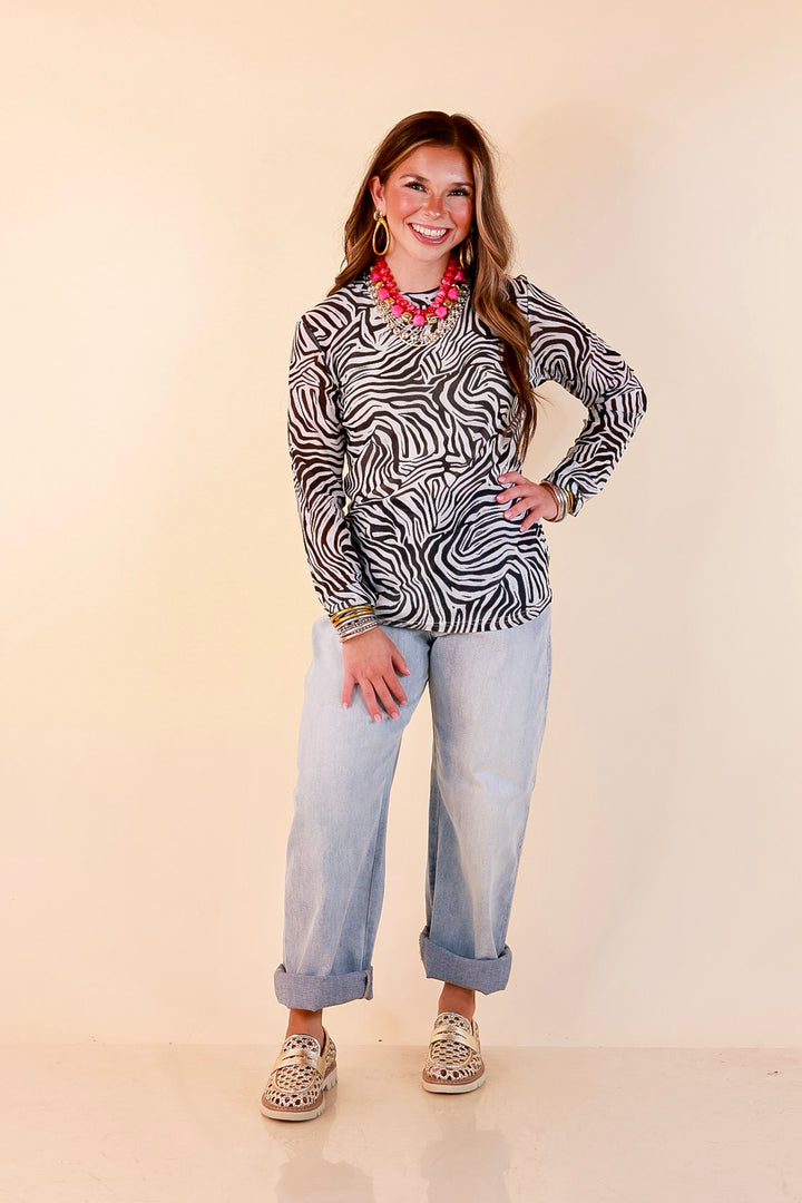 The Perfect Layer Zebra Print Sheer Mesh Long Sleeve Top in Black and White