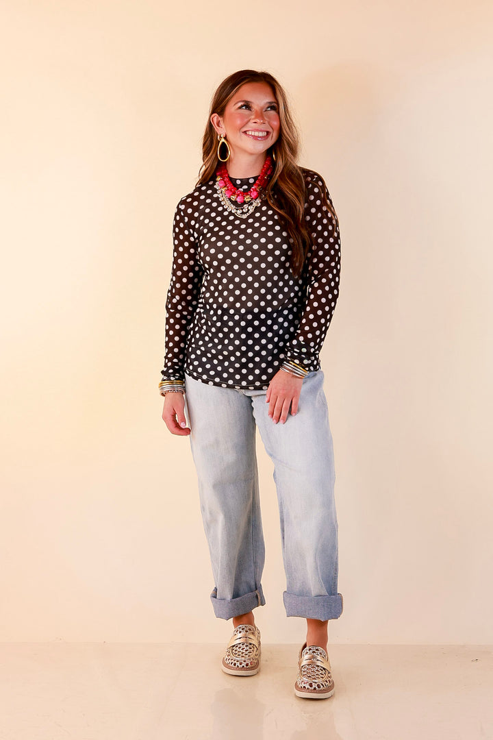 The Perfect Layer White Polka Dot Print Sheer Mesh Long Sleeve Top in Black