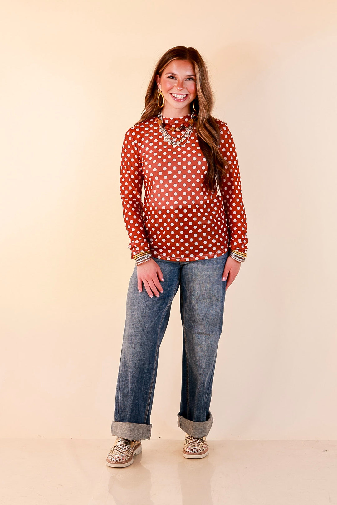 The Perfect Layer White Polka Dot Print Sheer Mesh Long Sleeve Top in Rust Orange