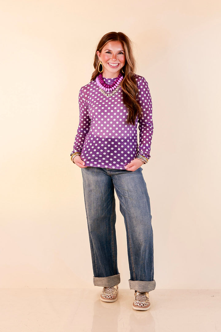 The Perfect Layer White Polka Dot Print Sheer Mesh Long Sleeve Top in Purple
