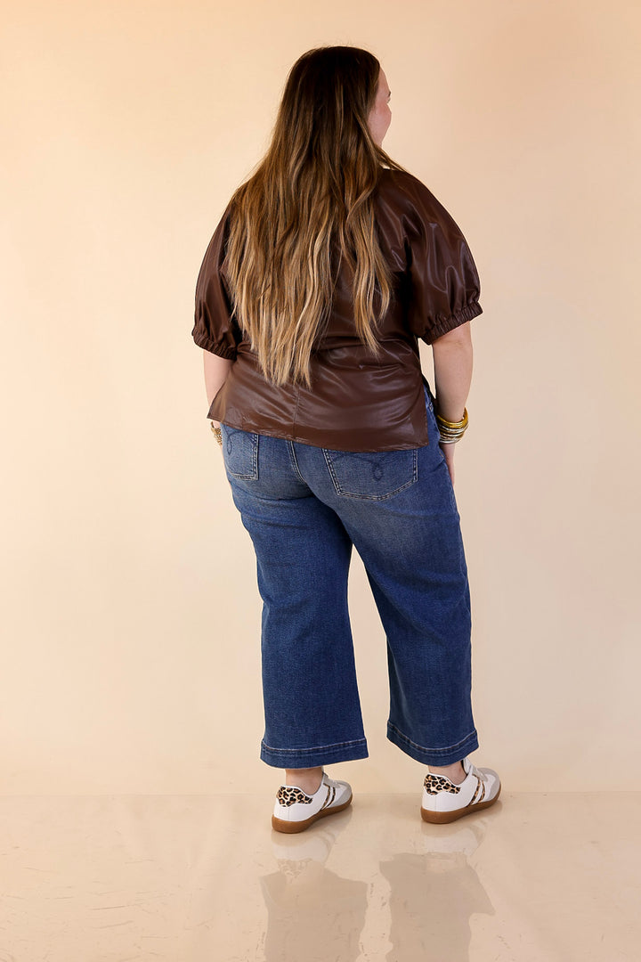 Effortlessly Cool Faux Leather Top with Short Balloon Sleeves in Chocolate Brown