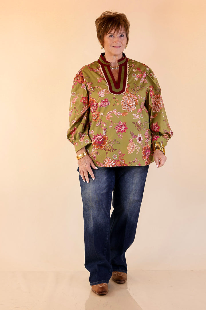 Autumn Allure Floral Long Sleeve Top with Contrast Trim in Olive Green