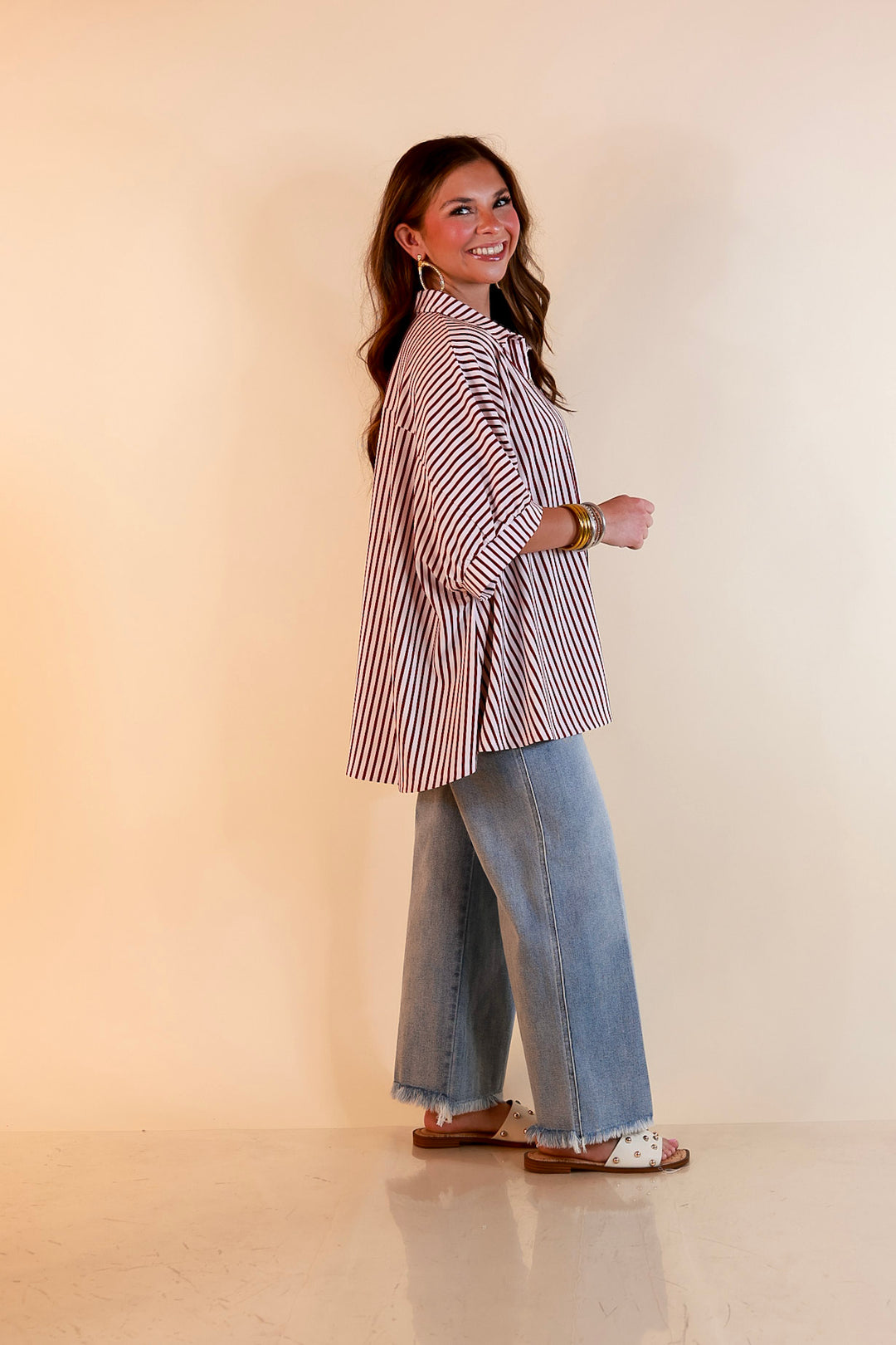 Effortlessly Aligned Button Down Collared Top with Vertical Ivory Stripe Detail in Maroon