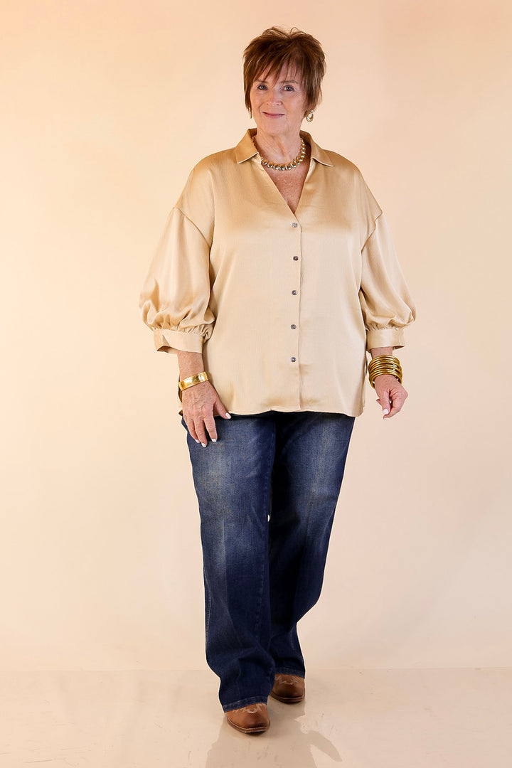 Sweet Notion Button Up 3/4 Balloon Sleeve Top in Gold