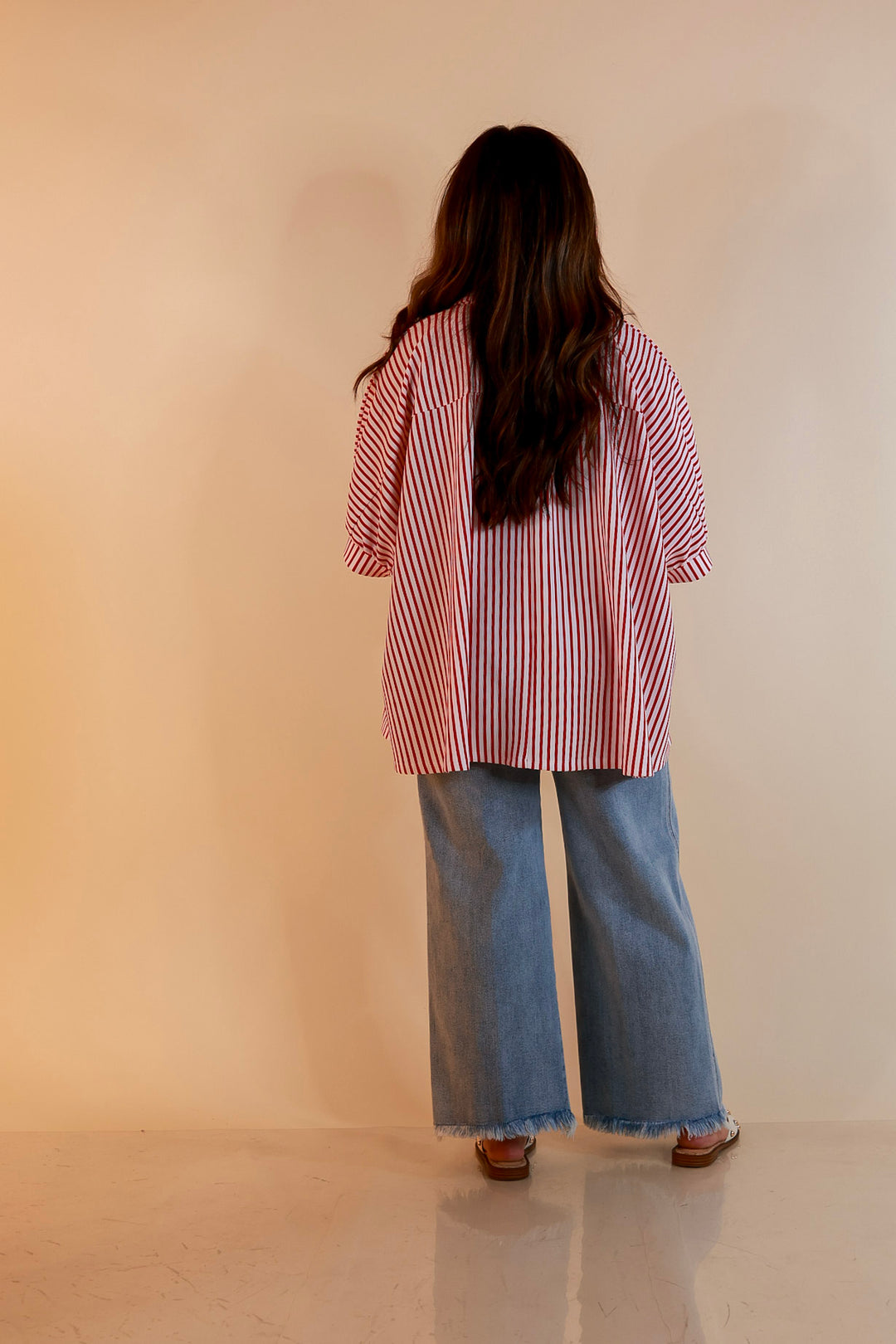 Effortlessly Aligned Button Down Collared Top with Vertical Ivory Stripe Detail in Red