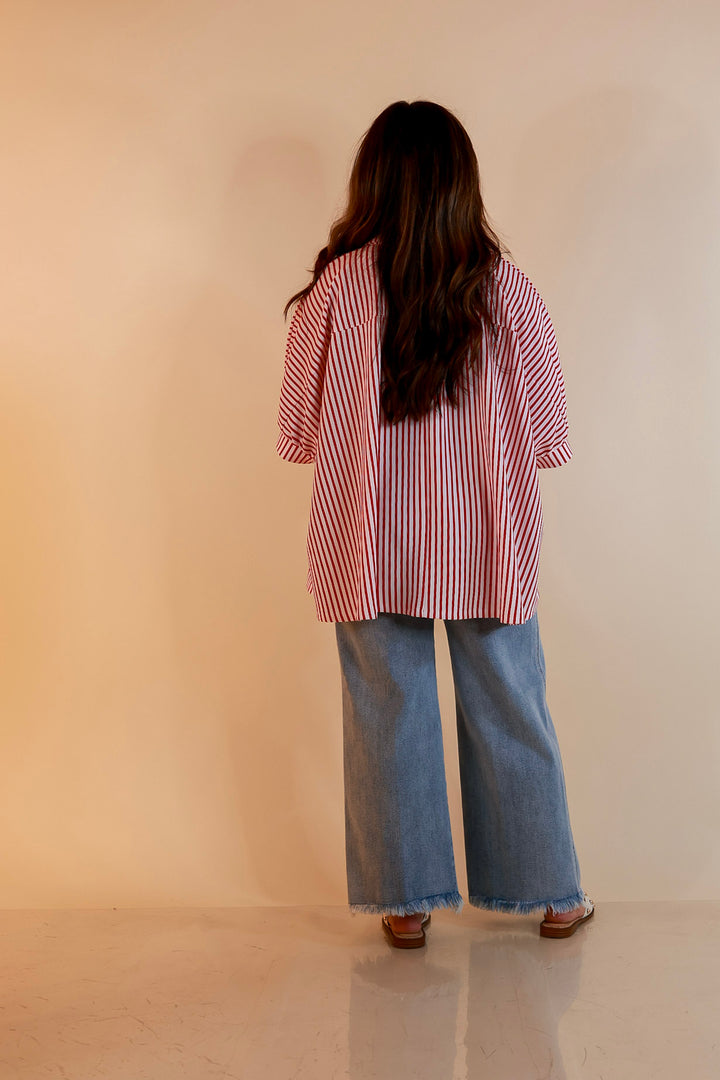 Effortlessly Aligned Button Down Collared Top with Vertical Ivory Stripe Detail in Red