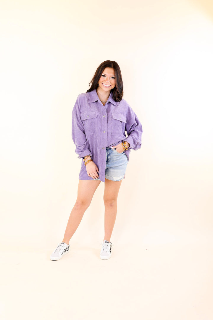 Latte Sips Button Up Corduroy Shacket in Dusty Purple