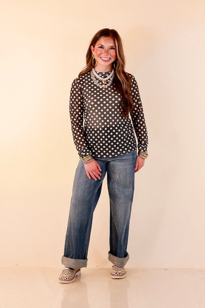 The Perfect Layer White Polka Dot Print Sheer Mesh Long Sleeve Top in Olive Green