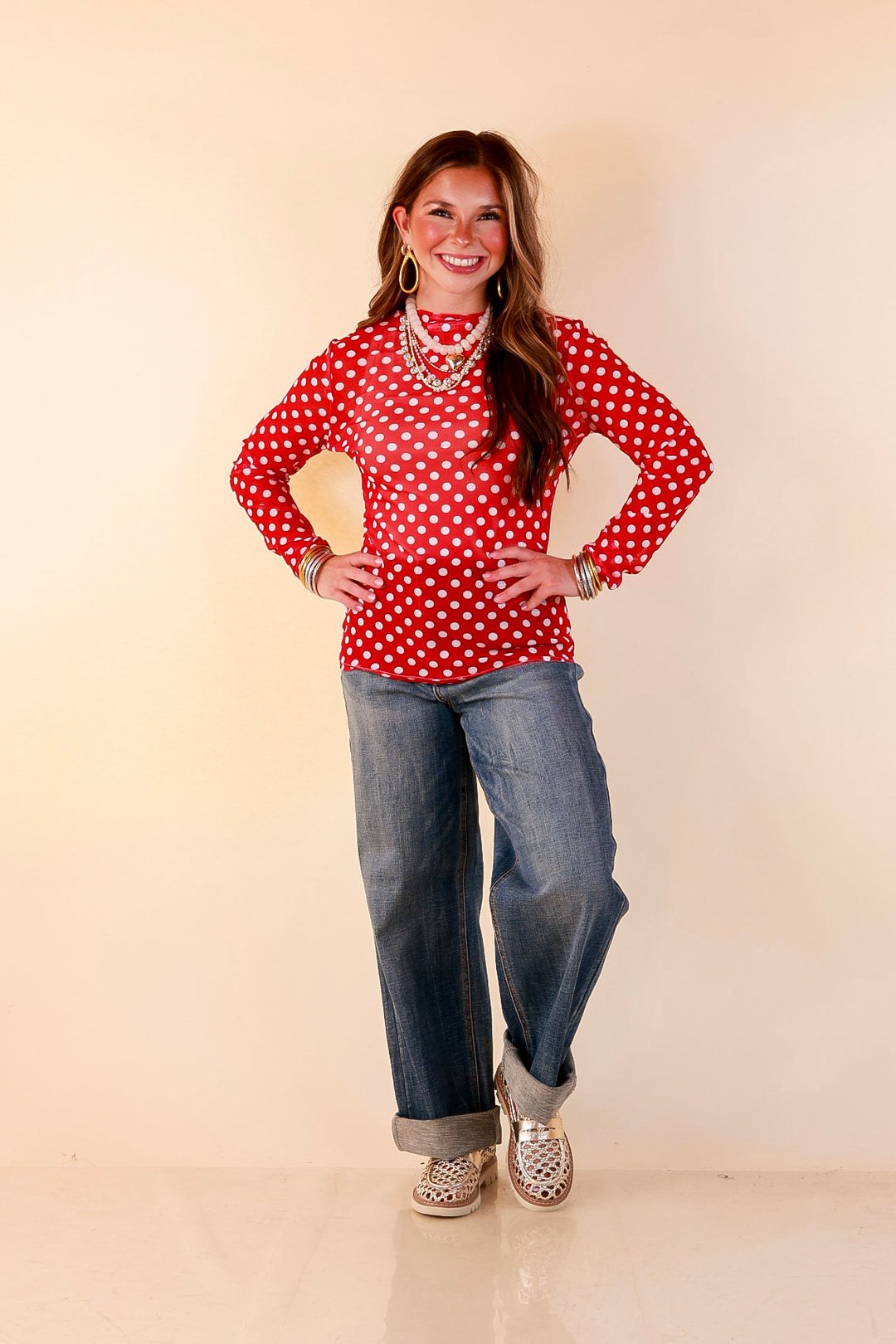 The Perfect Layer White Polka Dot Print Sheer Mesh Long Sleeve Top in Red