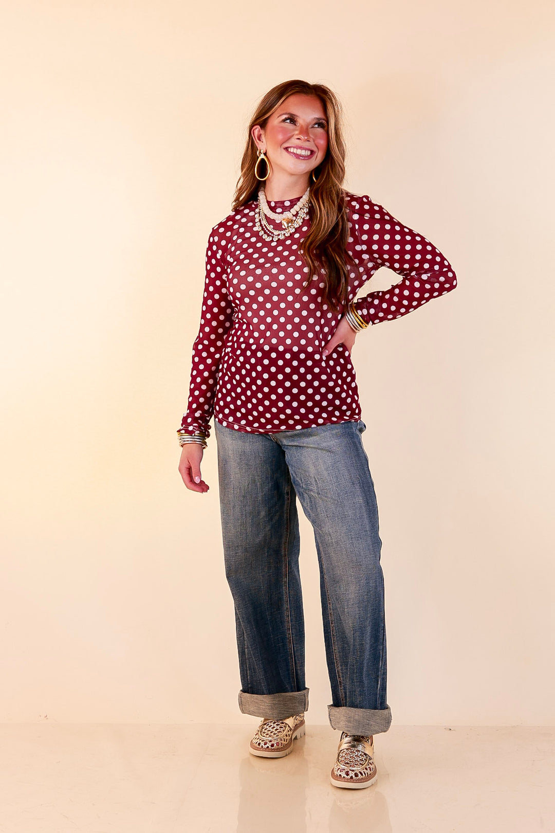 The Perfect Layer White Polka Dot Print Sheer Mesh Long Sleeve Top in Maroon