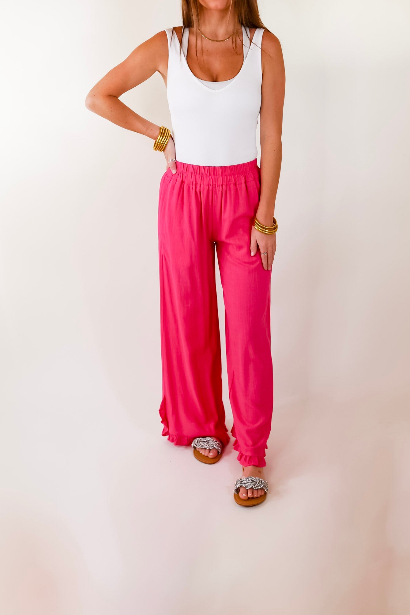 My Spotlight Ruffled Hem Linen Pants in Hot Pink - Giddy Up Glamour Boutique