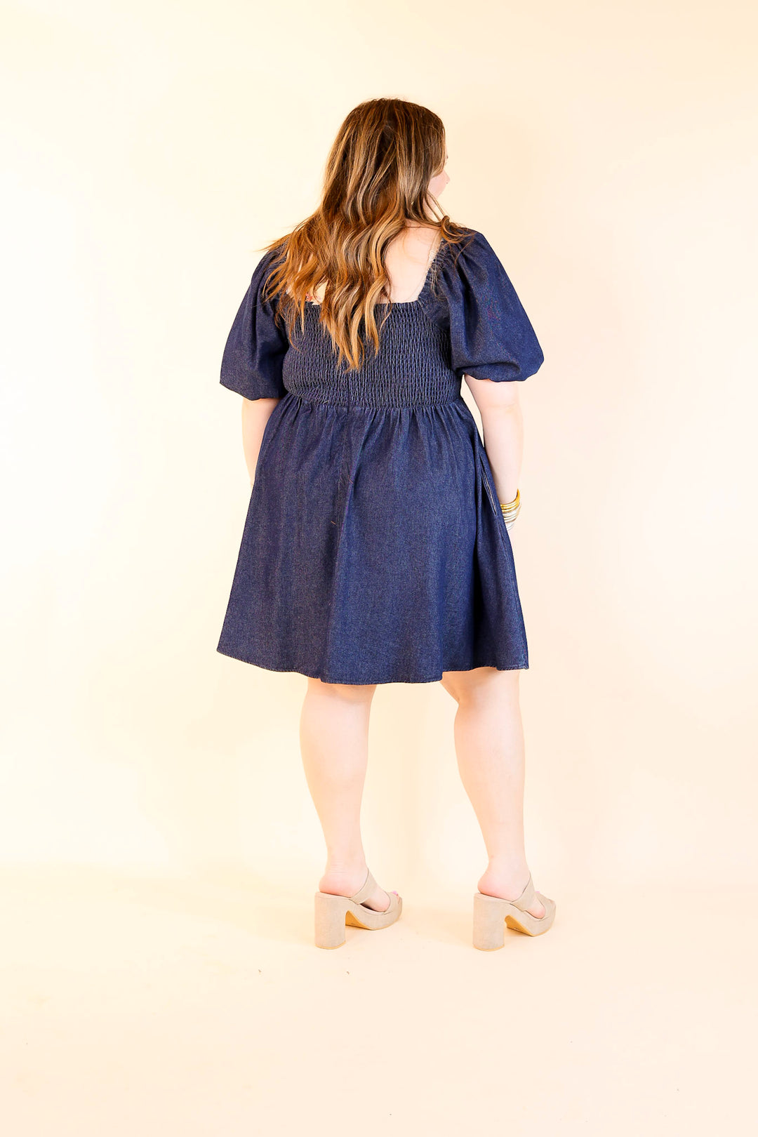 Southern Belle Short Puff Sleeve Denim Dress with Scalloped Square Neckline in Dark Wash