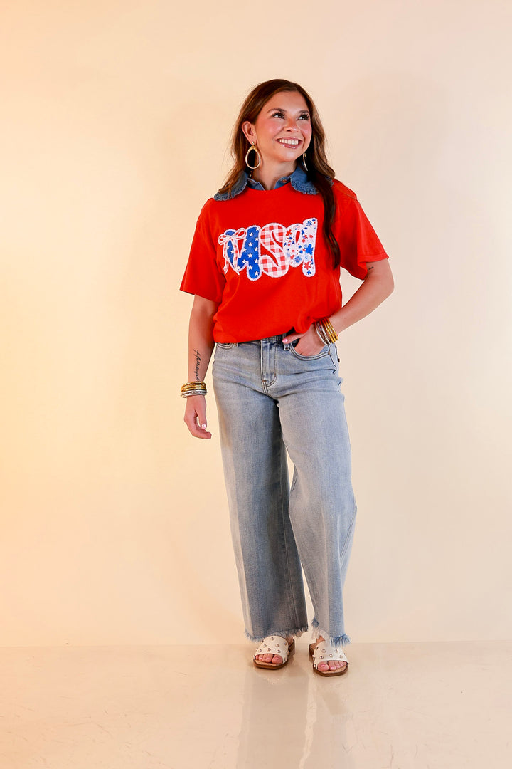 Sweet Land of Style USA Coquette Short Sleeve Graphic Tee with Bow Detailing in Red
