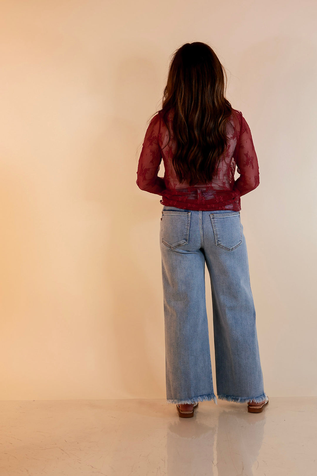 Delicate Charm Long Sleeve Sheer Lace Top with Mock Neck in Maroon