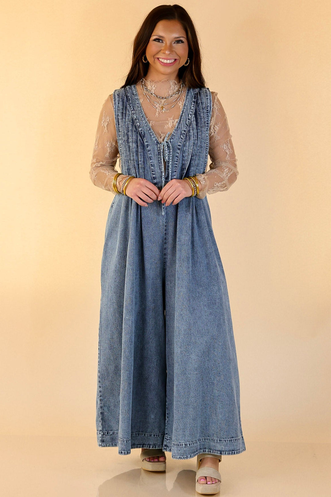 Breezy Beauty Wide Leg Denim Jumpsuit with Pockets