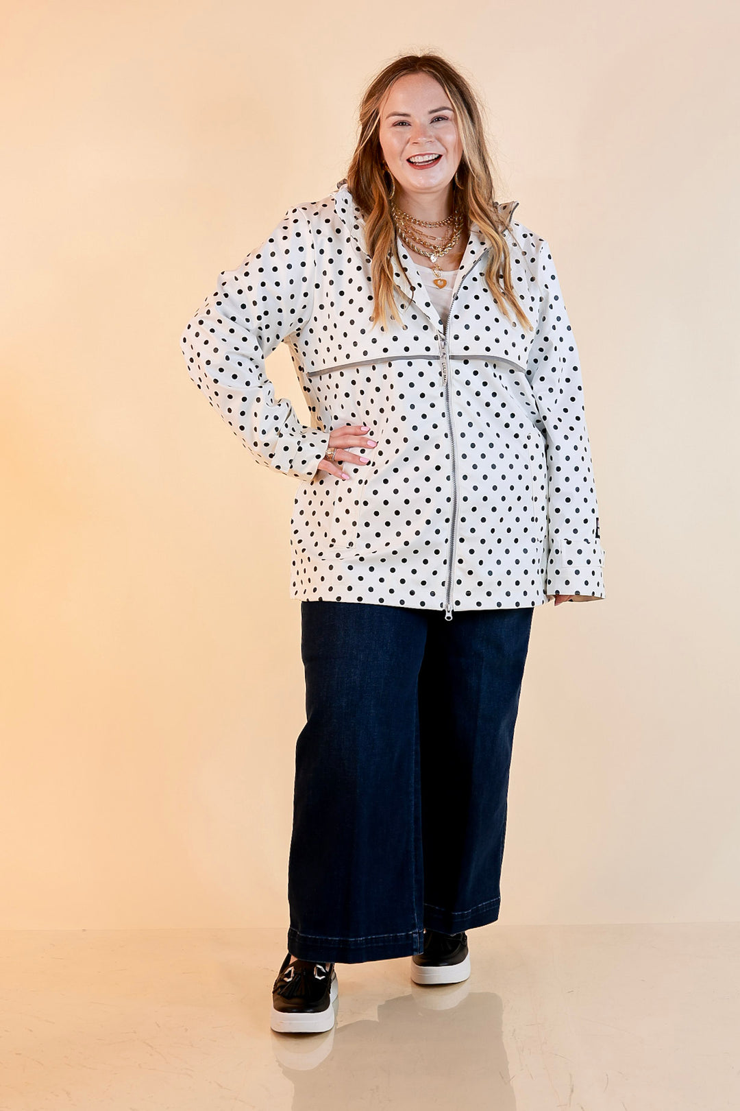 Lulu Mac | Chic Forecast Black Polka Dot Hooded Rain Jacket in Ivory