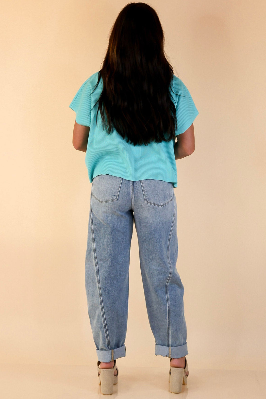 Never Out of Style Short Sleeve Mock Neck Top in Mint Sky Blue