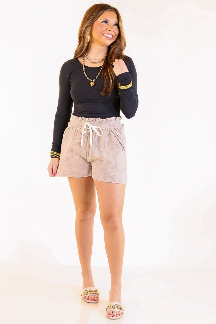 Relax and Repeat Drawstring Linen Shorts with Fray Hem in Oatmeal Brown