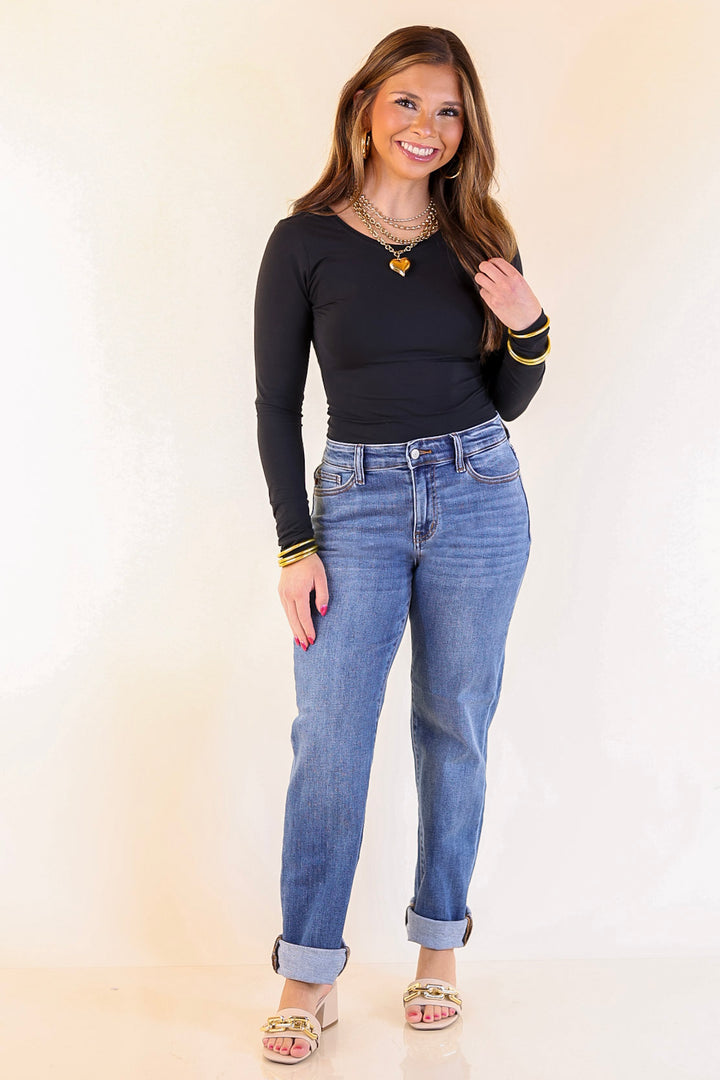 Judy Blue | Simple Sophistication Classic Cuffed Boyfriend Denim Jeans in Medium Wash