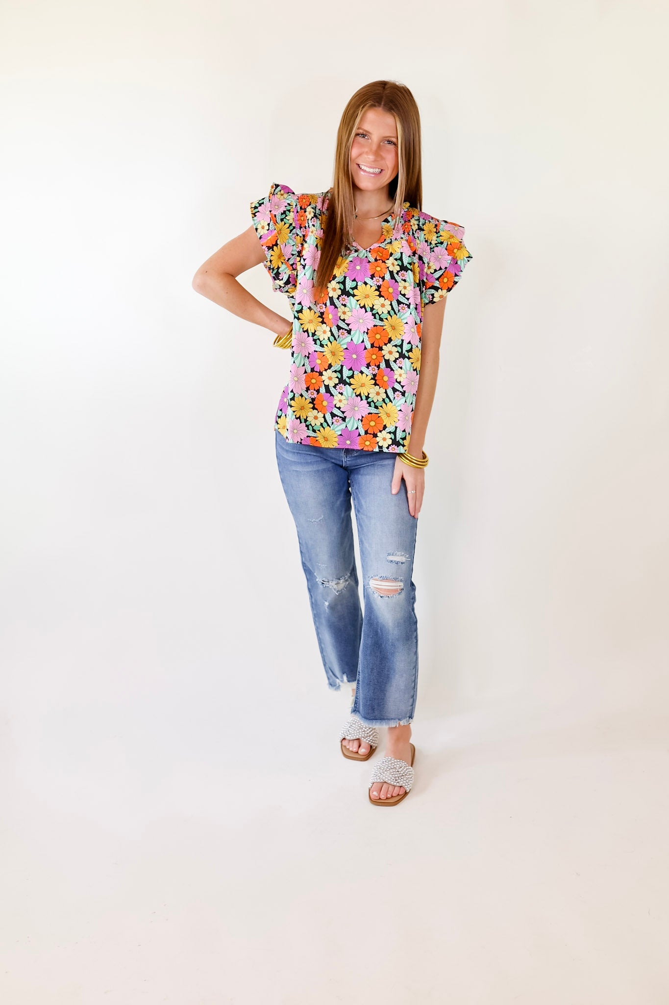 Pretty Days Floral Notched Neckline Top in Black - Giddy Up Glamour Boutique