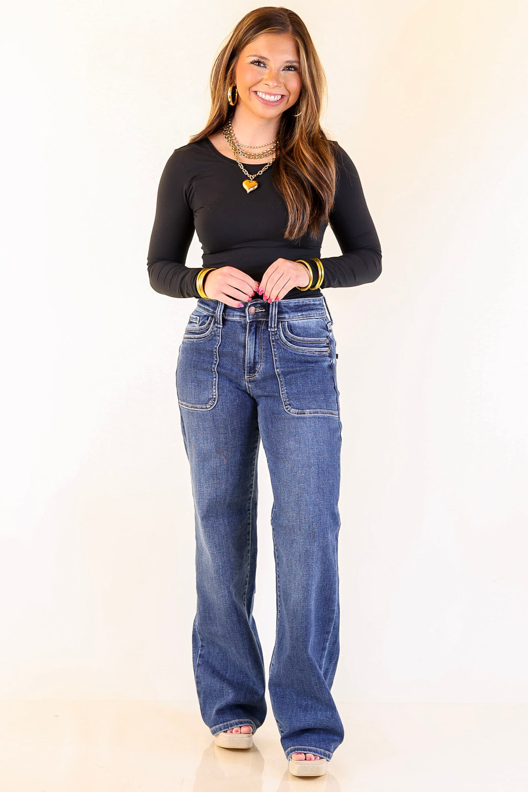 Judy Blue | Polished Path 90's Straight Leg Denim Jeans with Front Patch Pocket in Medium Wash