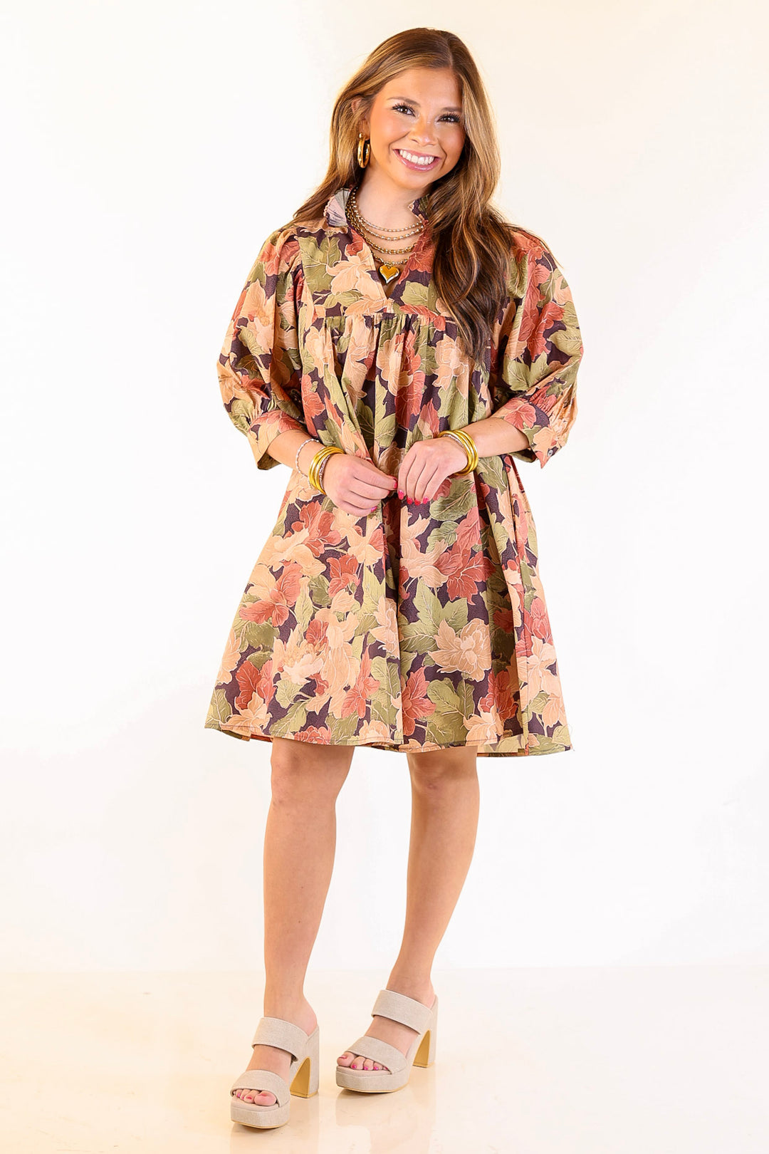 Endless Possibilities Floral Babydoll Dress with Puff Sleeves in Beige, Navy and Rust