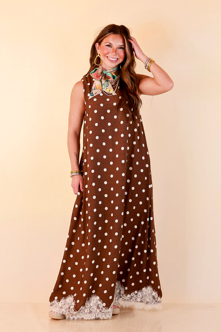 Sweet Little Something Polka Dot Sleeveless Maxi Dress with Lace Trim in Chocolate Brown